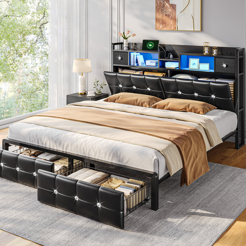 Lit tête de lit tapissier moderne avec tiroirs et tablettes de rangement, tête de chargement USB et éclairage d'ambiance personnalisable à DEL - double / grand / très grand