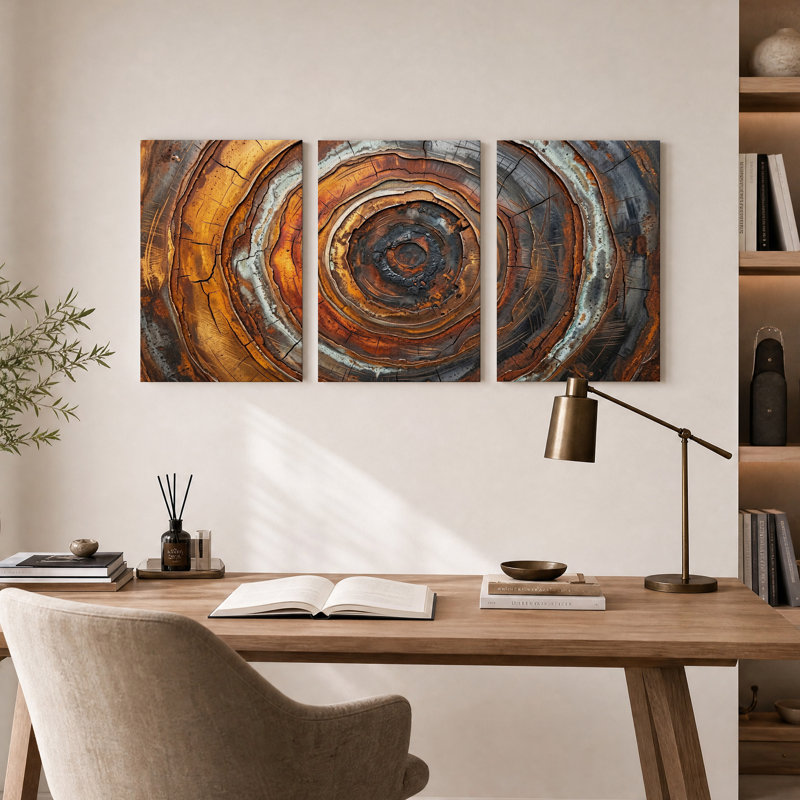 Ensemble de 3 tableaux sur toile représentant des anneaux d'arbres concentriques bruns et gris, 18"H x 12"W x 3pcs