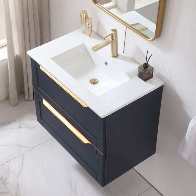 Meuble-lavabo mural simple gris foncé 30 po avec plateau en céramique Jamya