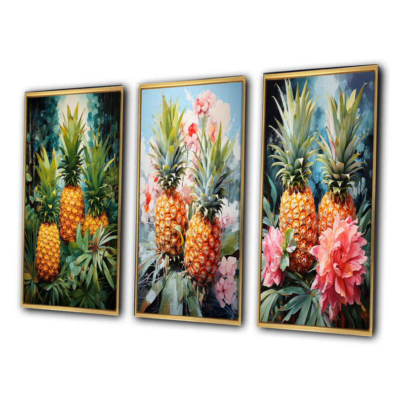 «Pineapples Tropical Dots», 3 pièces sur toile, Cadre flottant doré, H 32 po x l 48 po