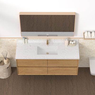 Meuble-lavabo flottant mural 48 po avec comptoir en pierre d'ingénierie blanche Calacatta et lavabo en céramique