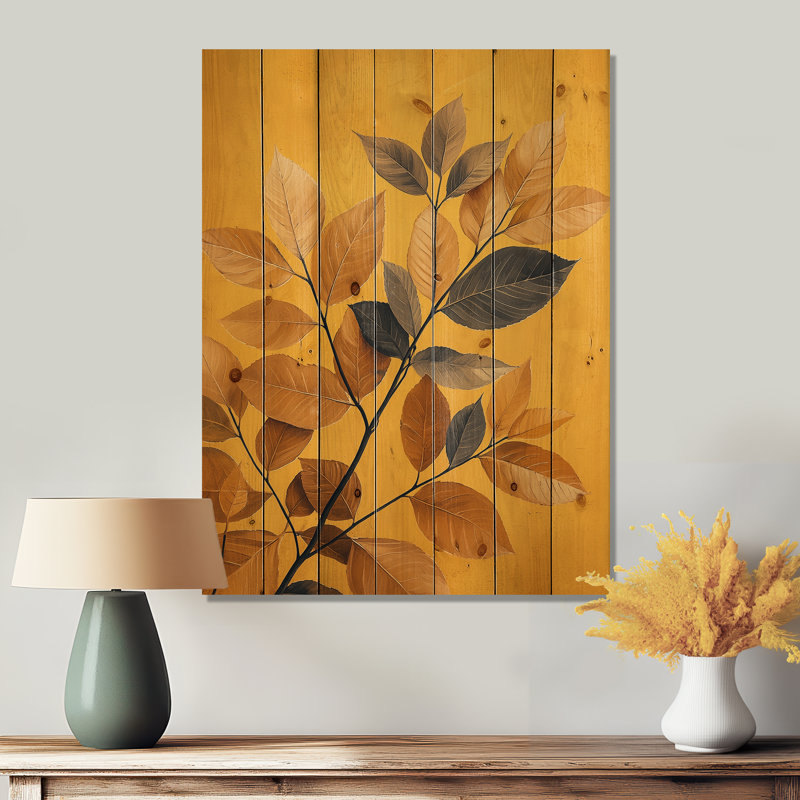 Moutarde feuilles d'automne Embrace II - feuilles, art mural en bois - sur bois de pin naturel, H 20 po x l 10 po x P 0,78 po