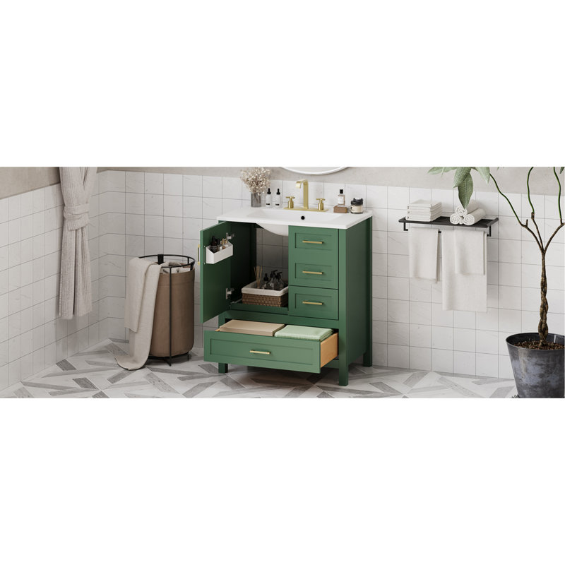 Ensemble de meuble-lavabo vert 30 po avec lavabo, armoire de rangement avec porte à fermeture en douceur, 3 tiroirs à fermeture en douceur et plateau amovible, structure en bois massif