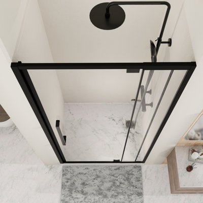 Semi - Pivot Hinged Glass Shower Door 56 60 In. W X 72 H Matte Black Finish Reversible Adjustable Waterproof For Bathroom Designing 1/4"  6Mm  Tempered Renovation