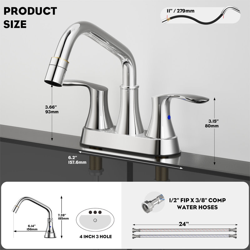 Robinet de lavabo utilitaire chromé à 3 trous, robinet de lavabo avec douchette extractible, robinet de salle de bain moderne à deux poignées à bec long