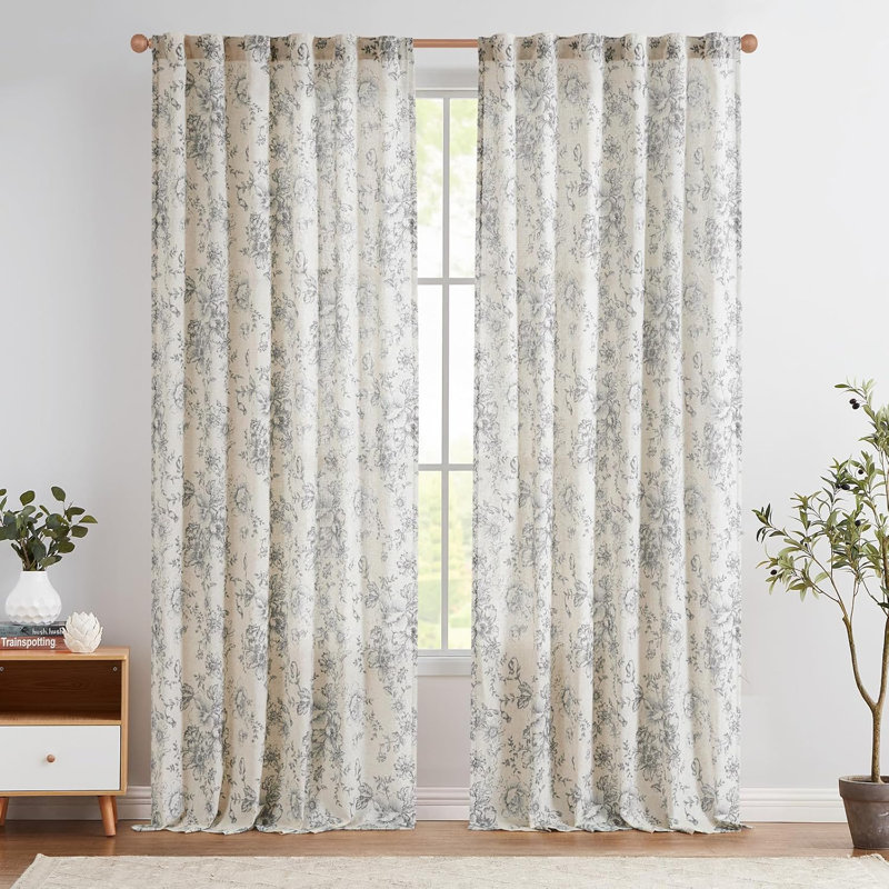 Neacsa Linen Semi Sheer Peony Flower Patterned Rod Pocket Curtain Pair, Gray, 50" W x 96" L