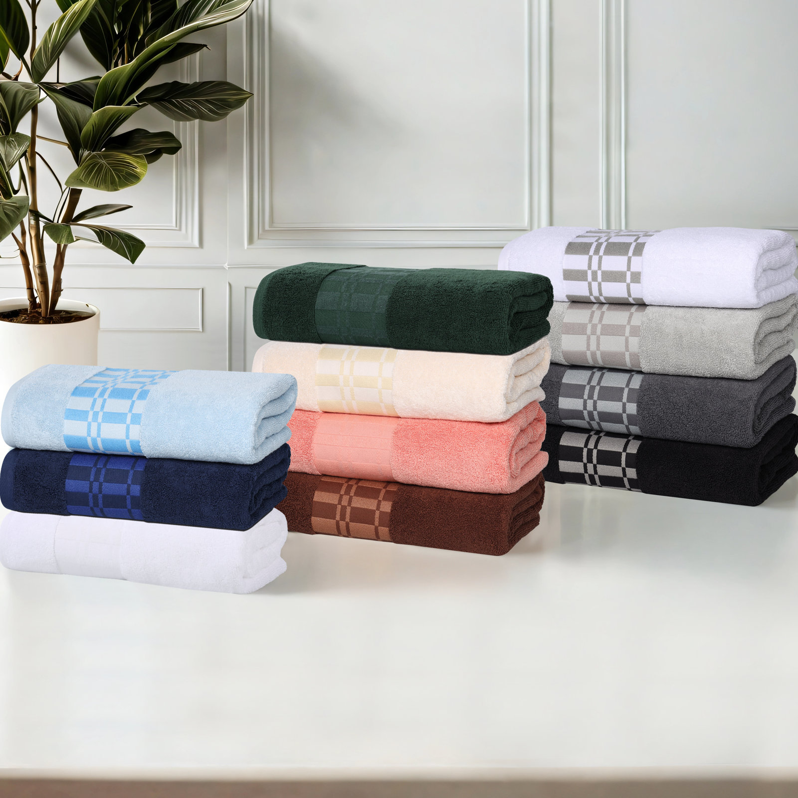 Mikira 6-Piece Geometric Border Towel Set, Forest Gray