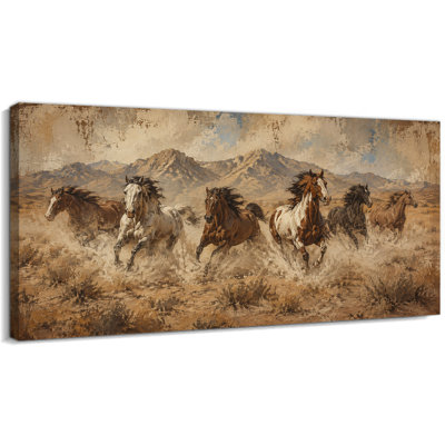Vintage Western Horse Herd Wall Art, Rustic Ranch Decor Canvas 24x48