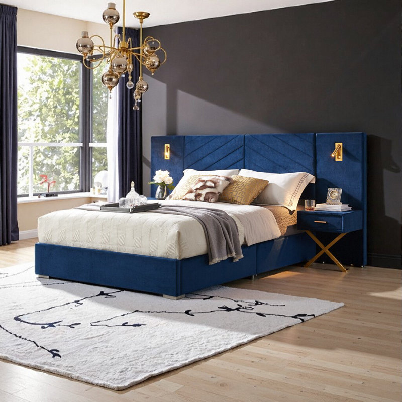 Ensemble de cadre de lit à oreilles grand en velours avec tables de chevet à DEL - velours bleu luxueux, lattes de bois, pas de sommier tapissier requis + assemblage facile
