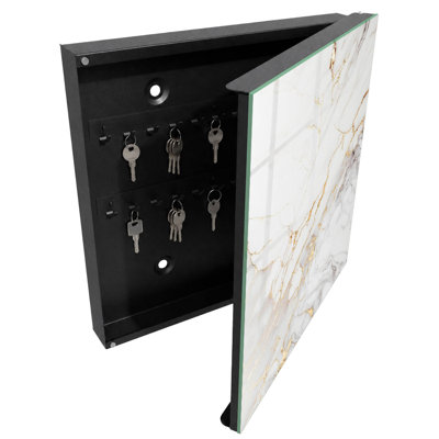 Key box for wall, Opens to the left, 30x30x5, White, White surface with yellow patterns, 