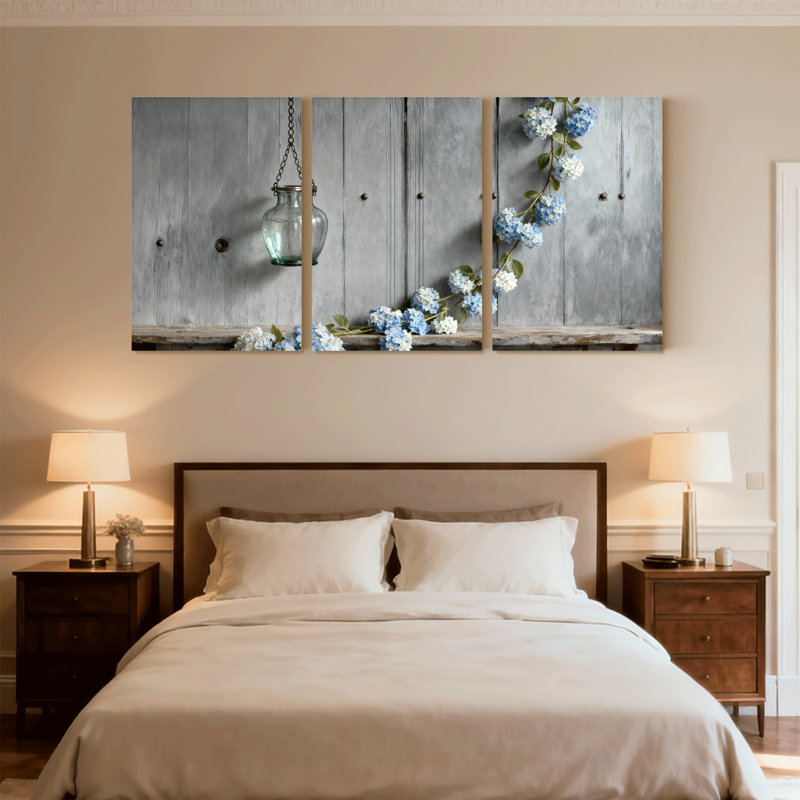 Hortensia, vase en bois rustique, fleurs bleues, ensemble de 3 impressions sur toile, H 30 po x l 60 po