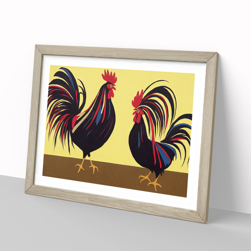 Two Roosters Abstract - Single Picture Frame Print, Oak Framed, 46cm H x 64cm W x 2cm D