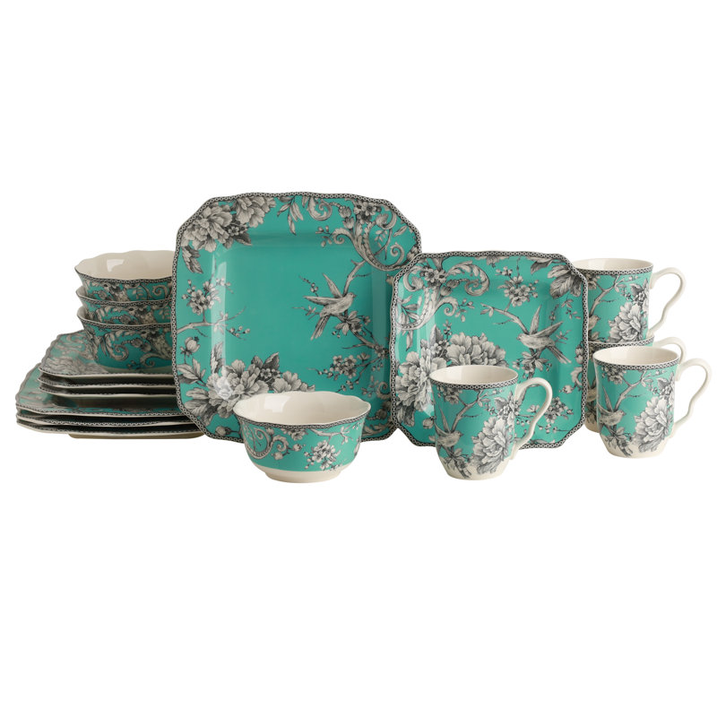 222 Fifth Adelaide 16-Piece Porcelain Floral Dinnerware Set - Service For 4, Turquoise