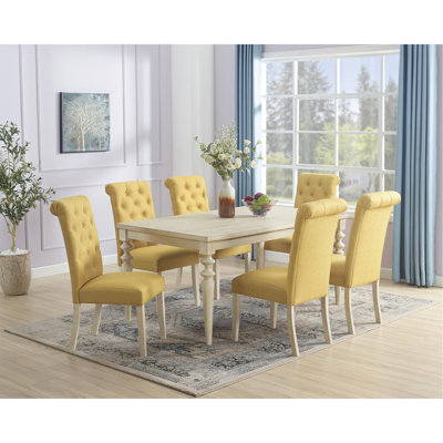 7-piece Dining Set, Turned-Leg Dining Table with 6 Tufted Chairs