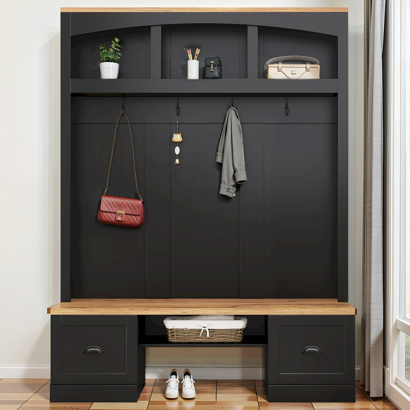Farmhouse 4-In-1 Hall Tree With Wood Grain Bench And Top, Black