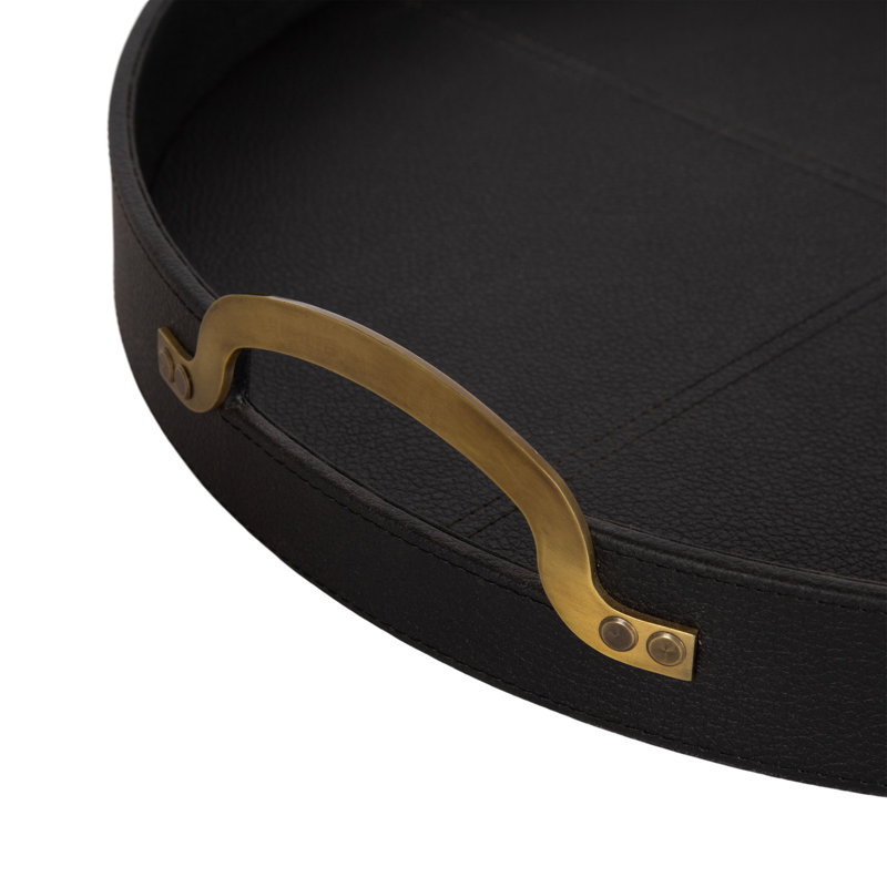Round Vegan Leather Tray with Handles, Black