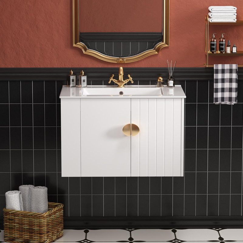 Meuble-lavabo mural simple 30 po avec comptoir en céramique et armoire latérale gauche, Blanc