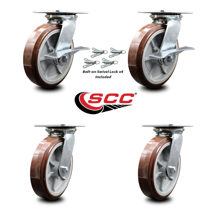 8 Inch Polyurethane Caster Set with Ball Bearing 4 Swivel Lock and 2 Brake SCC