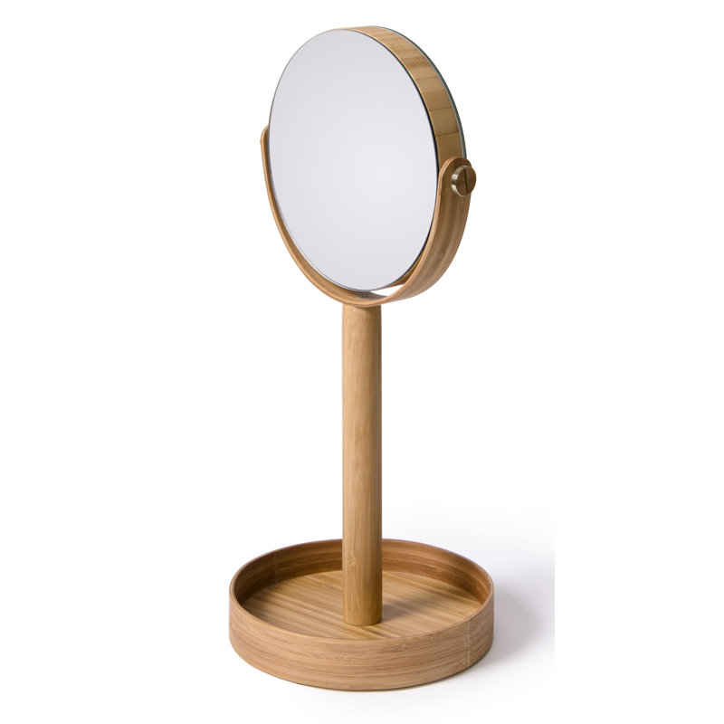 Ayven Round Wooden Framed Vanity Mirror, Contemporary Bathroom Wall Mirror, Honey Colored Bamboo
