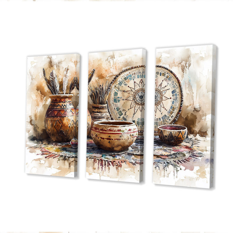Ensemble de salon art mural brun et rouge avec poterie Serenity, Toile tendue, H 40 po x l 60 po x P 1 po