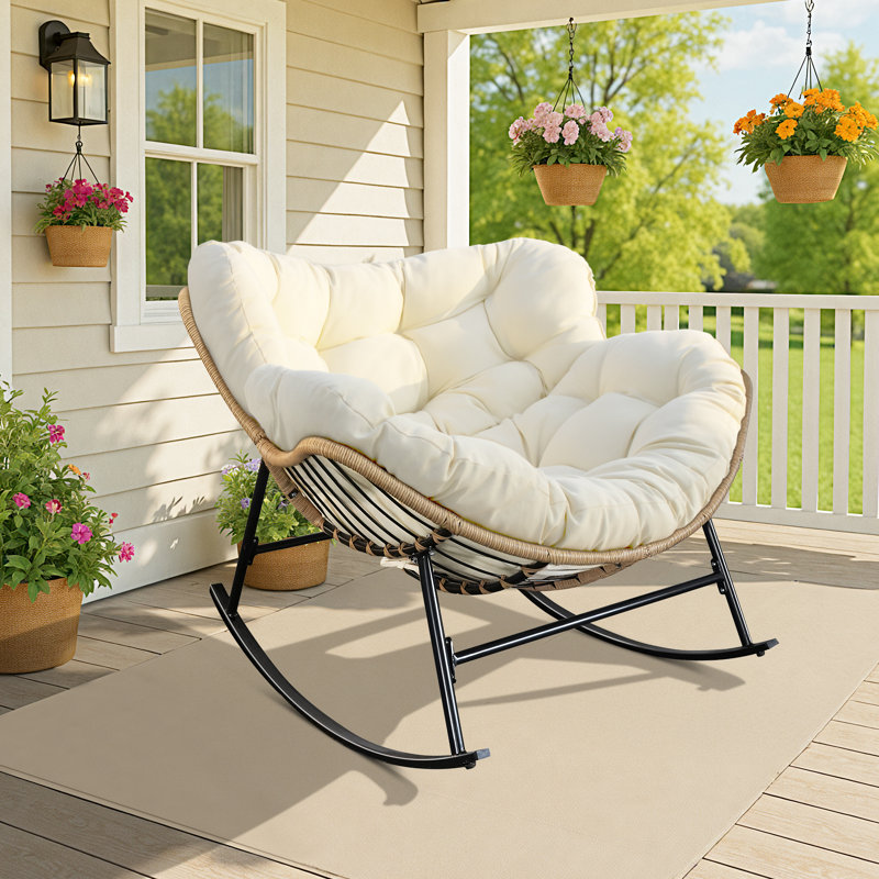 Oversized Outdoor Rocking Papasan Chair with Cushion, Beige
