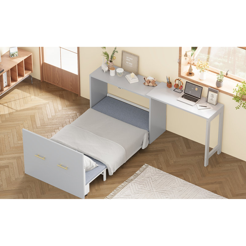 Armoire-lit simple gris avec bureau réglable multi-directions et coussin pliable, fonctionnel pour les appartements, petits espaces repositionnables,