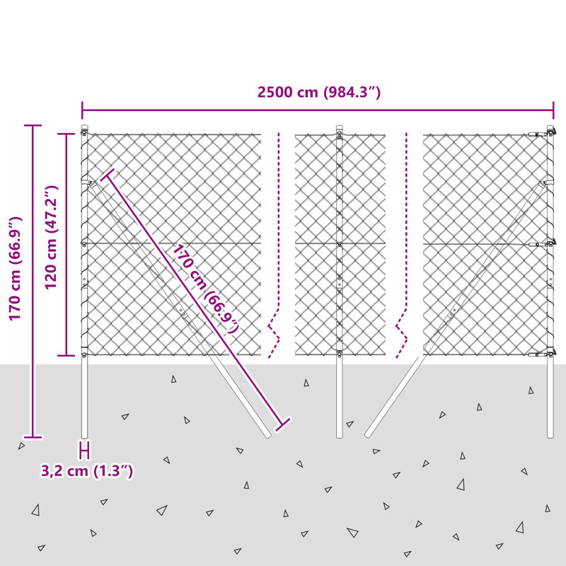Chain Link Fence With 13 Posts Galvanised Steel, Silver, 120cm H x 2500cm W
