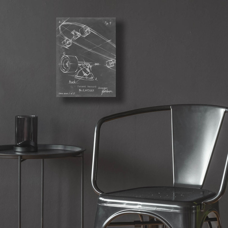  «Skateboard Blueprint 1» par Ethan Harper, art mural en verre acrylique, 12 po x 16 po