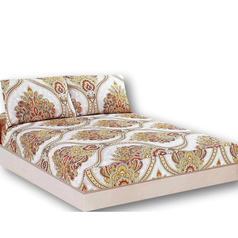 Damask Microfiber Damask Fitted Sheet, Gold, Queen Fitted Sheet with Pillowcase