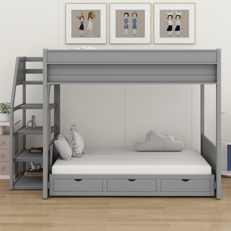 Convertible Bunk Bed With Storage Staircase,Bedside Table,And 3 Drawers, Gray