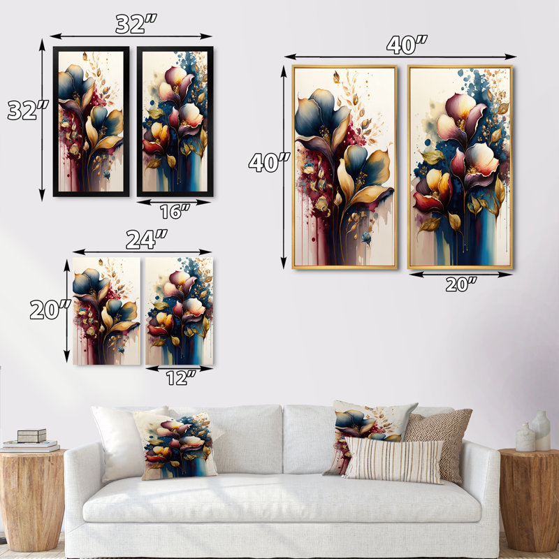 Ensemble de 2 art mural bleu et bourgogne «Cally Lily Bouquet II», Cadre noir, H 40 po x l 40 po