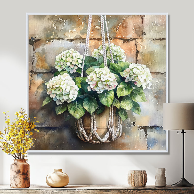 «Hydrangeas In A Macrame I», art sur toile, H 30 po x l 30 po, Impression encadrée flottante, Blanc