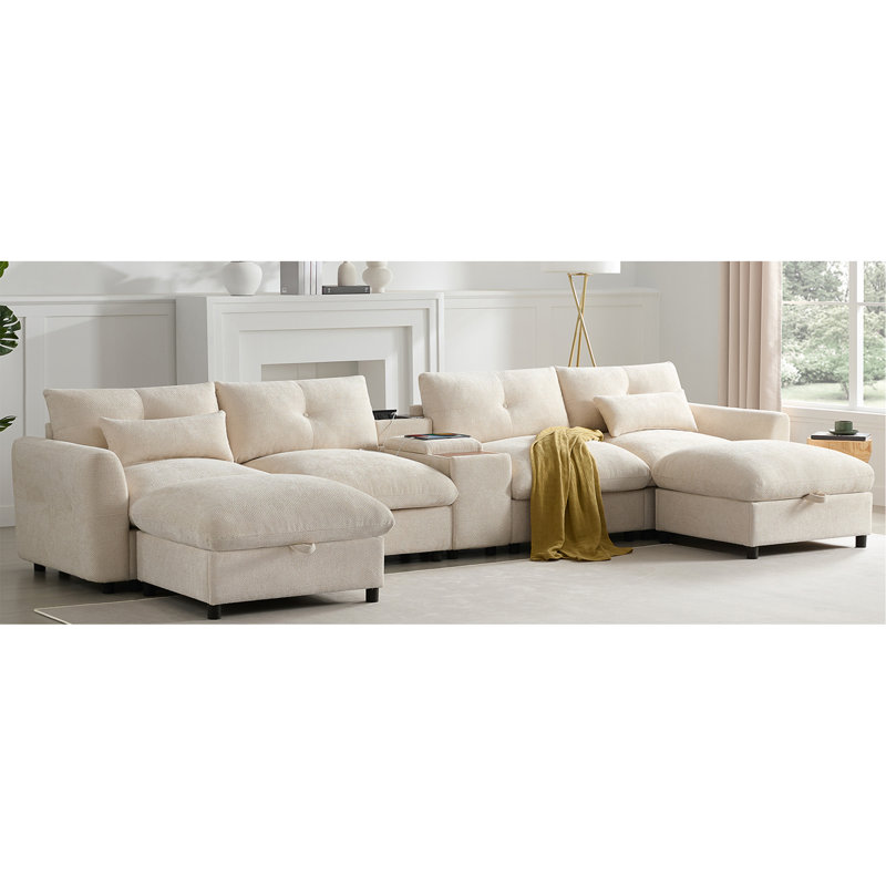 Modular Sectional Sofa With Movable Storage Ottoman And Console, Cup Holder, Wide Seat, 6 Seat U Shaped Couch, Oversized Sofa With USB Charger