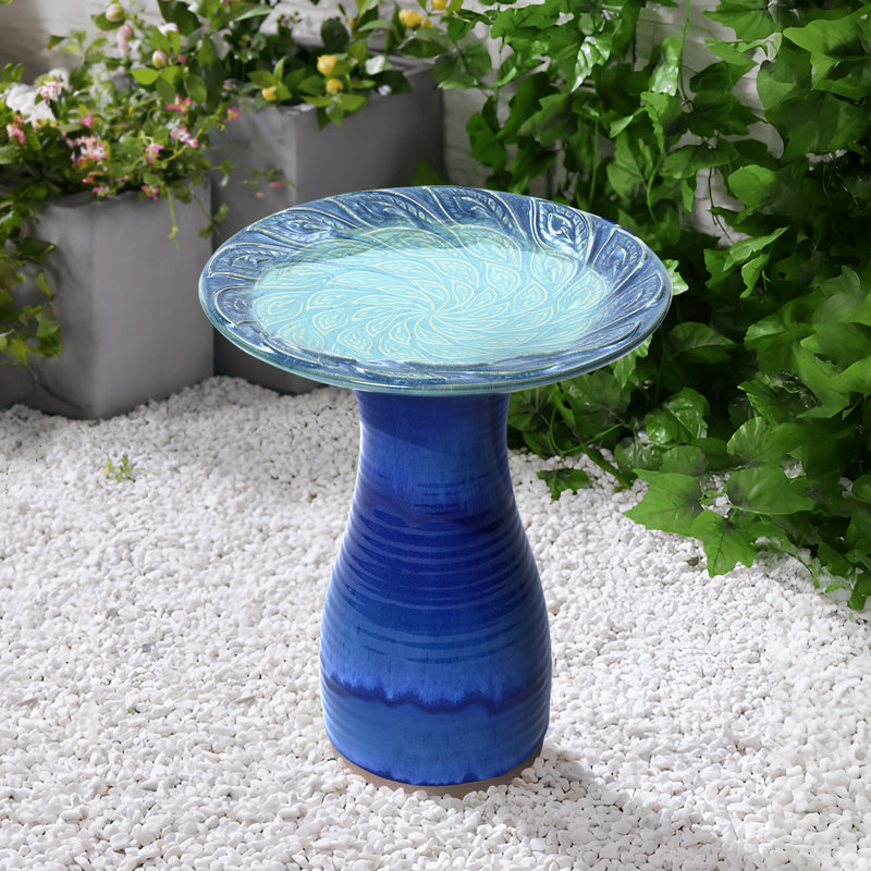 Élégant bain d'oiseaux en céramique pour l'extérieur 20,5 po avec motif de feuilles, vert jade, Vert