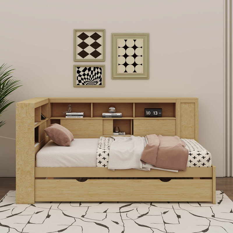 Lit de jour en bois polyvalent avec étagères de chargement USB et gigogne extensible, Naturel