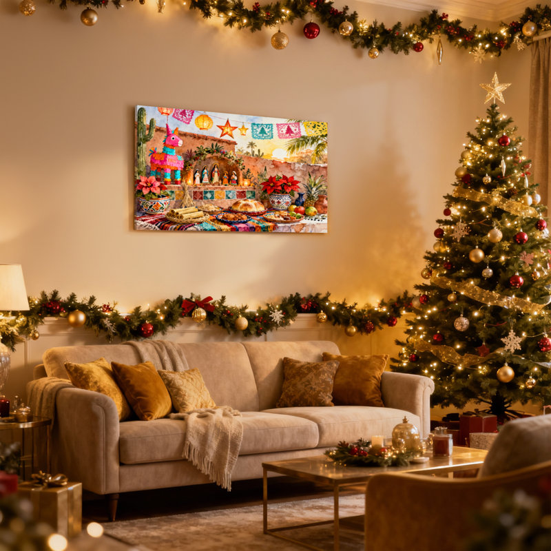 Ensemble de 3 impressions sur toile de Noël, scène de fête mexicaine colorée avec piata et nourriture, H 20 po x l 30 po