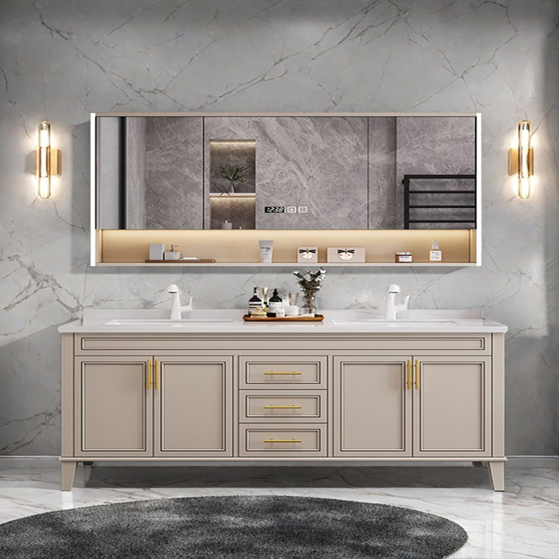 Simple modern French style bathroom cabinet, 32.28'' H x 74.8'' W x 21.65'' D, Beige