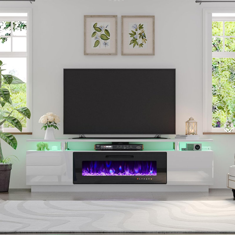 Crédence de rangement l 80,3 po avec foyer électrique Melitza, Blanc / noir