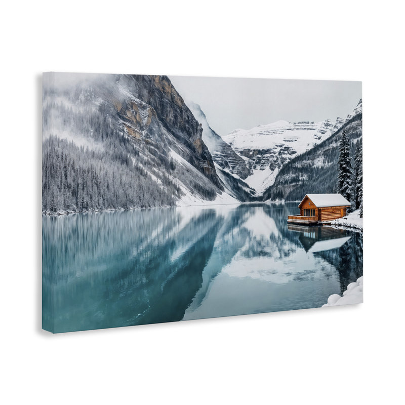 «Winter Cabin on Icy Lake», art mural par Lazar Studio, H 30 po x l 45 po