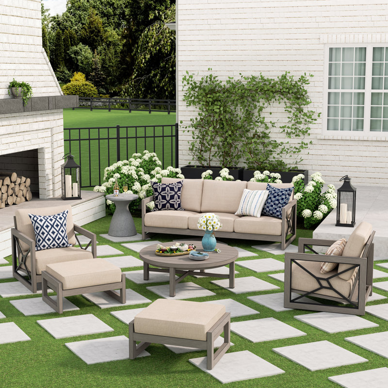 Marindo 5 Person Aluminum Patio Conversation Set With Round Coffee Table, Ottomans And Sunbrella® Cushions