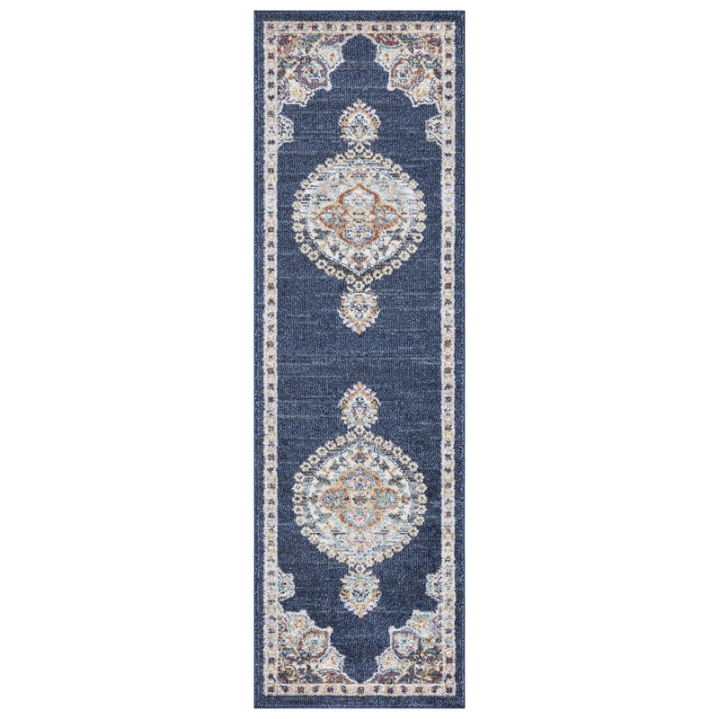 Tapis bleu marine Medallion, Tapis de couloir 2 pi 3 po x 7 pi 3 po