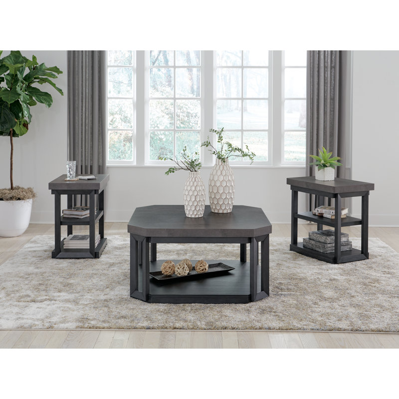 Modern Black and Gray Square Table Set with Shelves and Casters