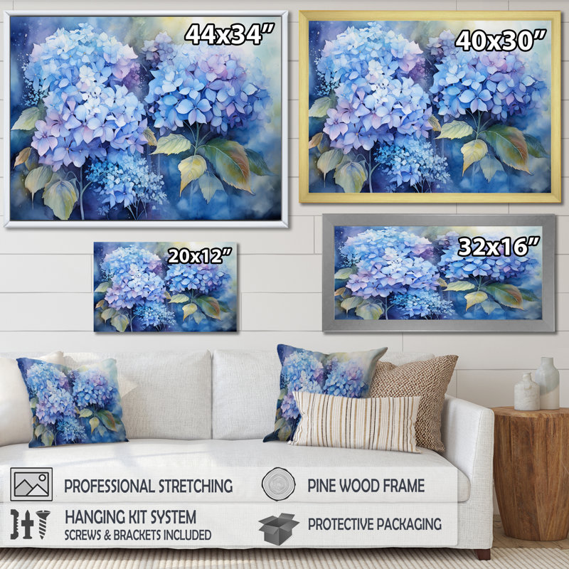 «Blue Hydrangea Farmhouse Still Life I - Hydrangea», art mural, H 34 po x l 44 po x P 1,5 po, Cadre doré simple