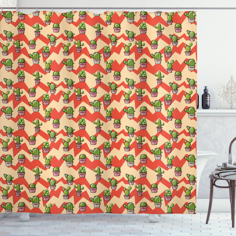 East Urban Home Cactus Shower Curtain Zigzag Background Plant Multicolor, 75"H x 69"W