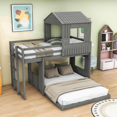 Lit superposé double en bois avec maisonnette en bois