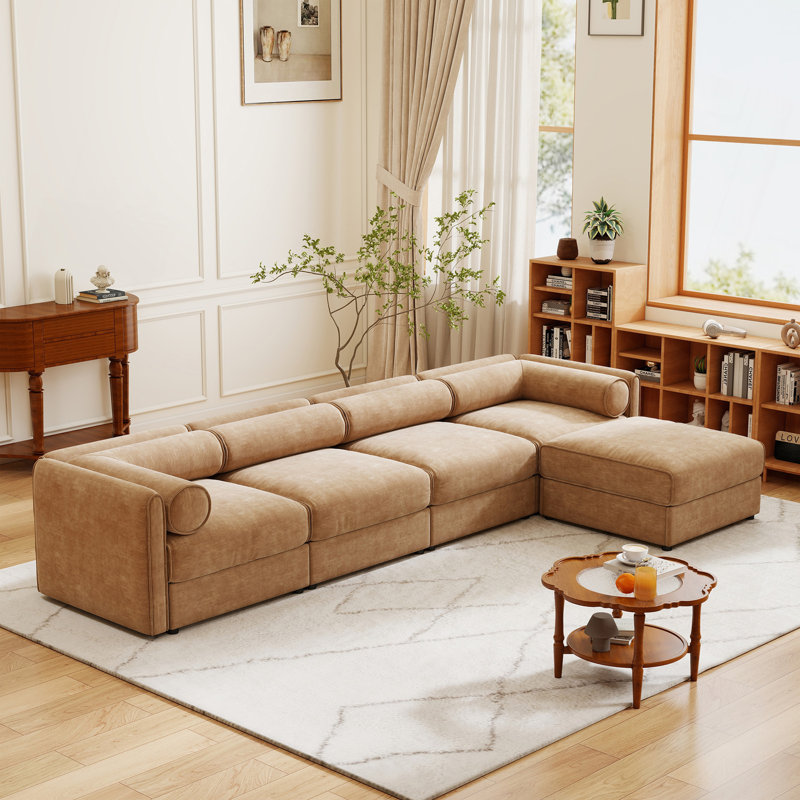 Canapé modulaire modulaire avec rangement, dossier cylindrique et accoudoirs, siège profond confortable et durable pour le salon, canapé en L à 4 places, brun clair