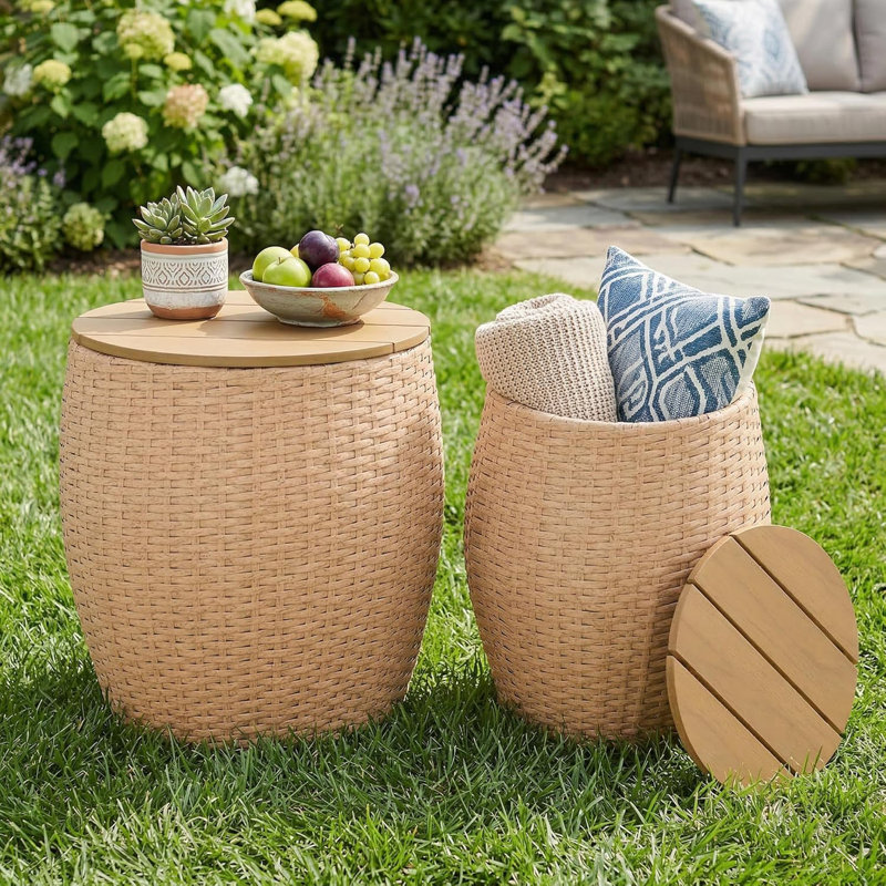 2 Pcs Wicker Rattan Storage Side Tables, Rustic Woven End Table With Removable Wood Panel Top, Outdoor Coffee Tables - 17.72" Dx 18.5" H, Set of 2