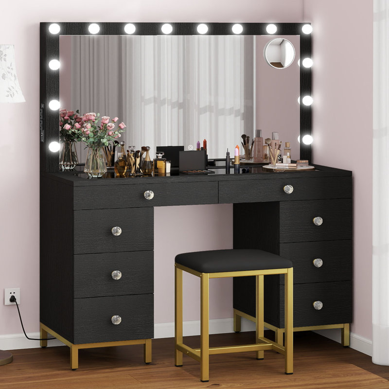 45.5” vanity set with lighted mirror, charging station and stool, Noir, noir, noir, noir