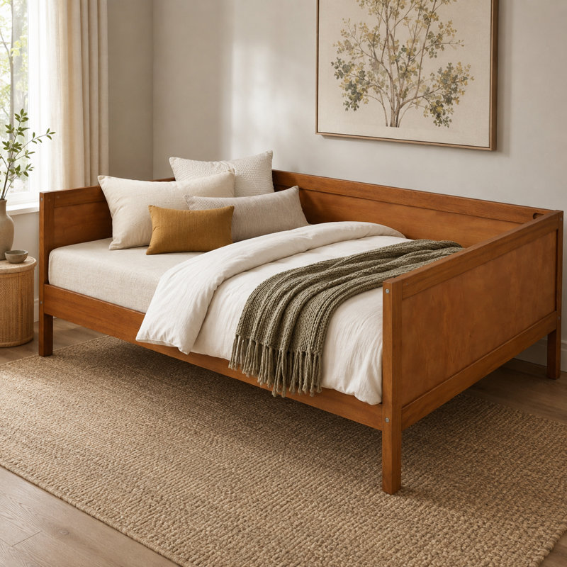 Lit de jour Cavrelisse en bois pleine grandeur avec cadre à trois côtés, canapé-lit plateforme en noyer foncé, construction en pin, contreplaqué et MDF, 10 lattes de soutien pour matelas, aucun sommier requis