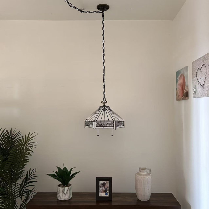 Tiffany Pendant Lights Fixture Plug In Stained Glass Hexagon LED Bulbs Included 16”W*16”D*75”H, White